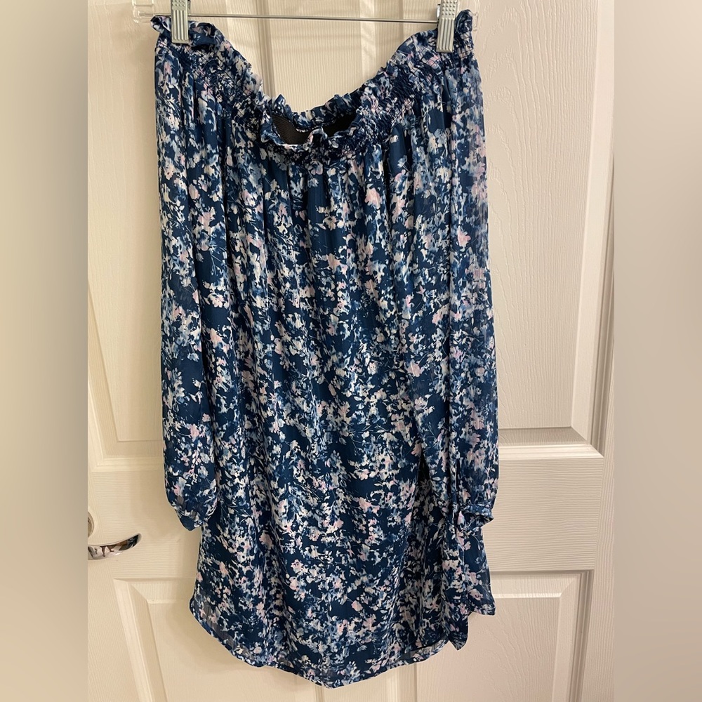 WAYF off the shoulder blue floral dress